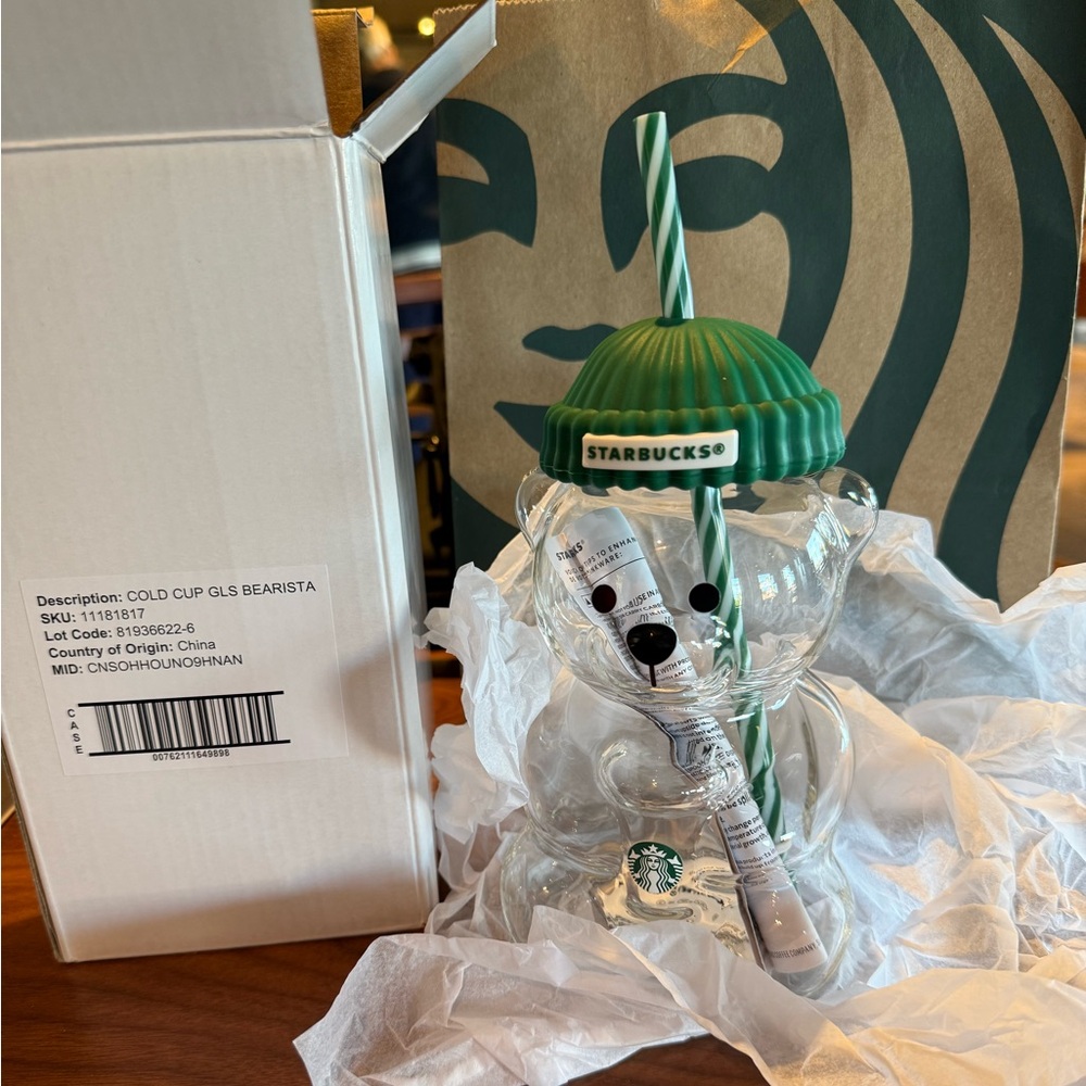 Starbucks Bearista Glass with Green Lid and Straw